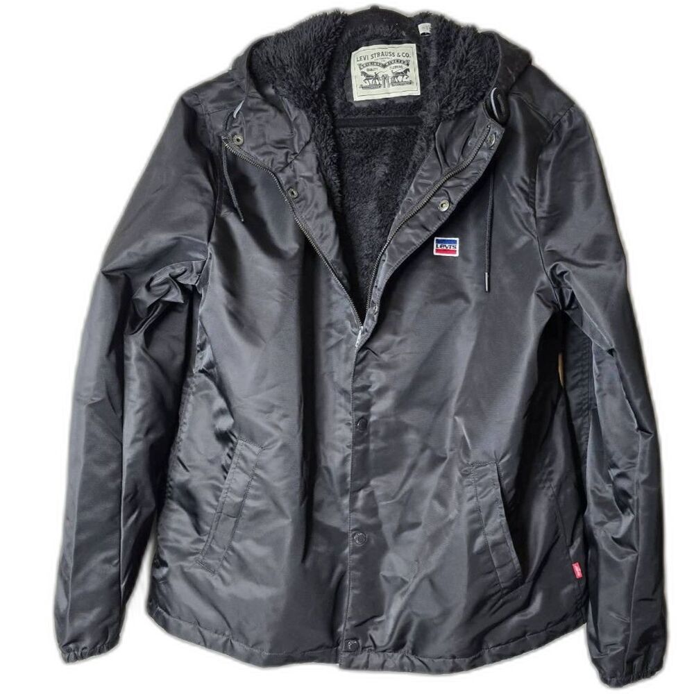 Levi’s Black Sherpa Lined Hooded Jacket Men’s Size L – Warm Winter Coat NWT